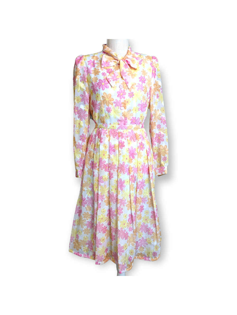 1970s Pink and Yellow Flower Chiffon Two Piece Blouse and Pleated Skirt Set